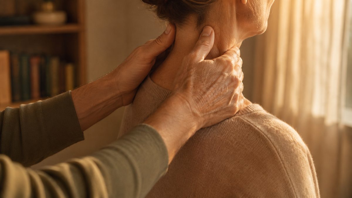 Zona cervical con dolor crónico señalada por la mano del paciente