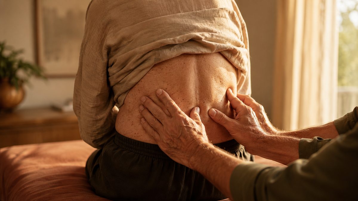 Zona lumbar baja con dolor crónico señalada por el paciente
