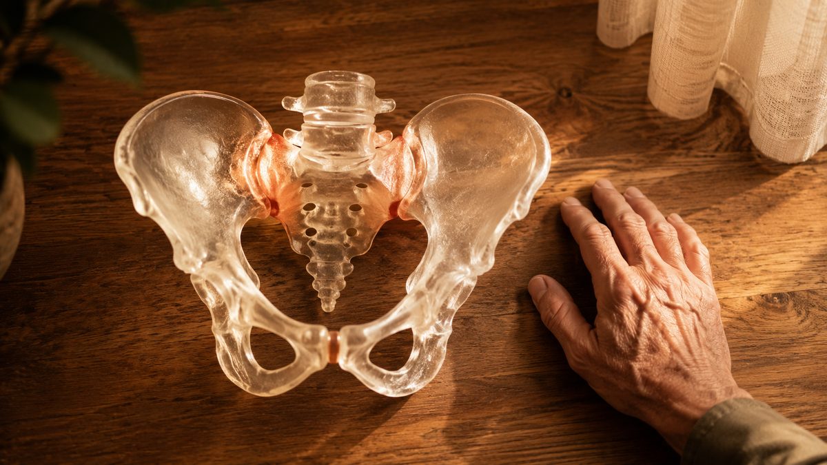Articulación sacroilíaca inflamada y zona típica del dolor