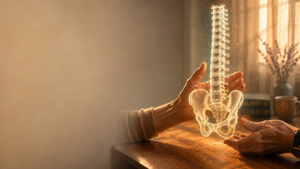Representación luminosa de la columna vertebral y la pelvis sostenida entre dos manos — consulta de medicina del dolor del Dr. Casarsa